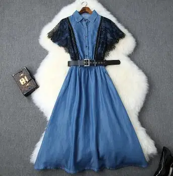 

2019 spring and summer women's new lace stitching denim lapels long section waist shirt dressT3675