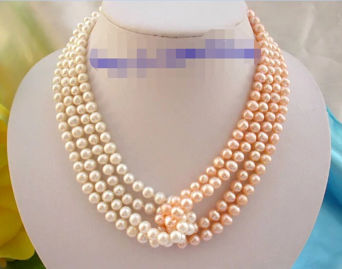 

vogue popular 4rows 7mm round white pink freshwater pearls necklace 17