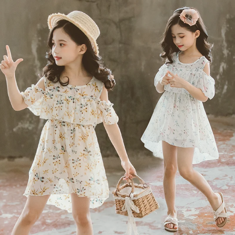 

Cute Floral Girls Dresses Summer Off Shoulder Chiffon Princess Dresses Holiday Beach Wear Vestidos for 6 8 10 12 Years