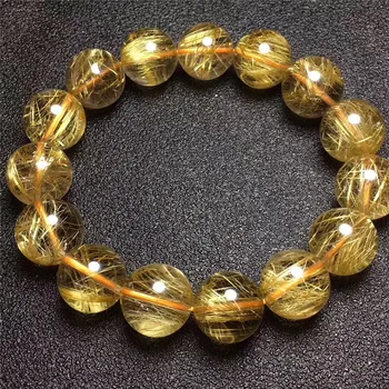 

14.2mm Natural Brazil Gold Rutilated Titanium Quartz Bracelet Woman Man Lucky Wealthy Clear Round Beads Crystal Charms AAAAA