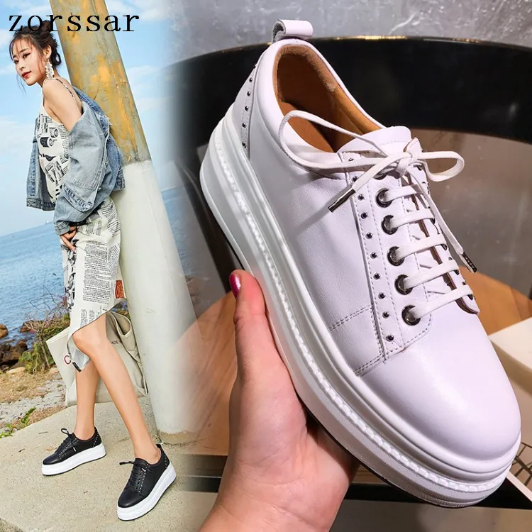

2019 Spring Autumn women Genuine Leather flats women platform sneakers creepers casual Lace up flats moccasins shoes woman