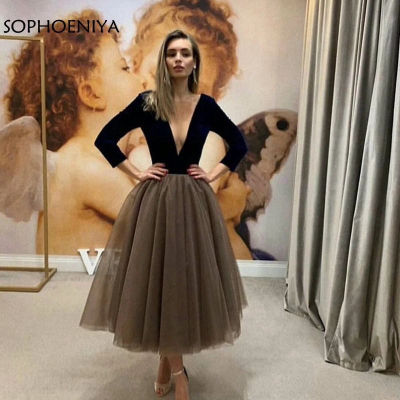 New-Arrival-V-Neck-Long-sleeve-dubai-evening-dress-2019-Black-Velvet-abiye-Short-evening-dresses (1)
