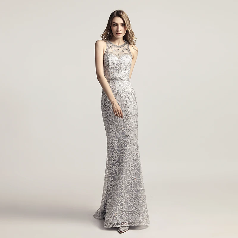 New Arrival Silver Beading Mermaid Evening Dresses 2019 Long Fashion Plus Size Prom Dress Illusion Back Party Gowns OL436