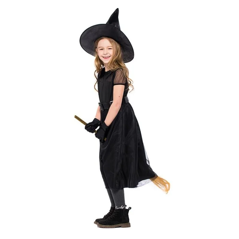 Новинка, Детские вечерние костюмы на Хэллоуин, костюм ведьмы для косплея для девочек, карнавальный черный костюм, платье ведьмы с шапкой и поясом