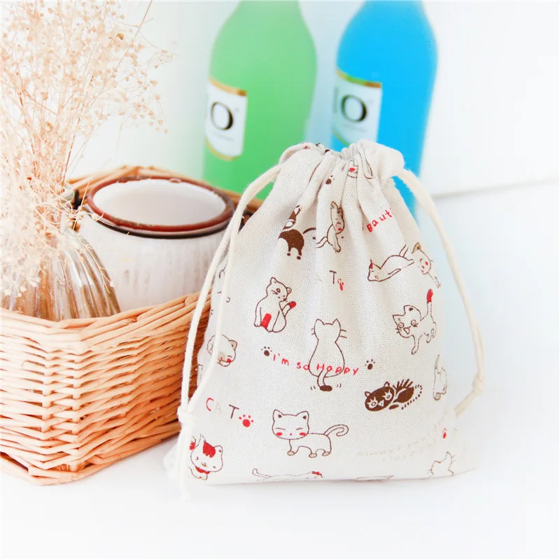 3pcs Set Environmental Drawstring Bag Cute Cat Print Foldable Shopping Storage Bags Reusable Folding Cotton Linen