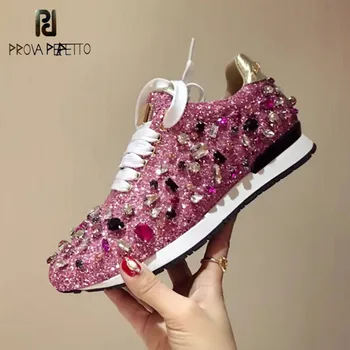

Prova Perfetto rhinestone flat shoes woman sneakers lace up shoes fashion crystal paillette casual shoes woman zapatos de mujer