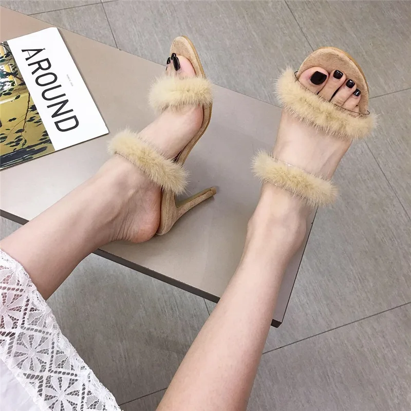 

Med Thin Heels Woman Shoes Luxury Flock Slippers Women Summer Heeled Mules Ladies Flip Flops Slides Pokemon Plush Designer High