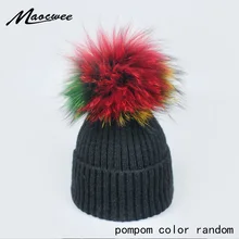 Шапочки Новые шерстяные зимние натуральный мех Шапки для Для женщин Красочные енот лисий мех пом Англичане брендовая теплая Модная вязаная шапка женский Skullies