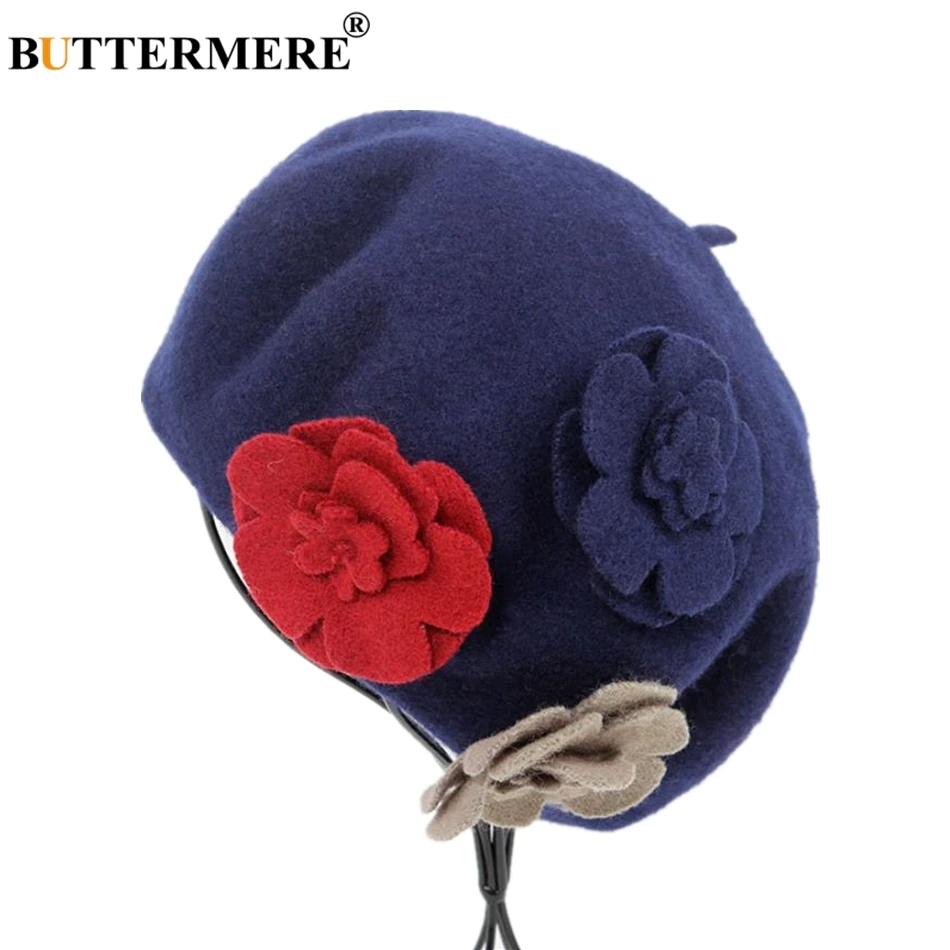 

BUTTERMERE 100% Wool Beret Hat For Women Flower Navy Red Ladies Woolen Beret French Beanie Vintage Female Artist Painter Cap