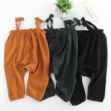 Весенние детские однотонные повседневные штаны принцессы для девочек, детские хлопковые комбинезоны с завязками, брюки