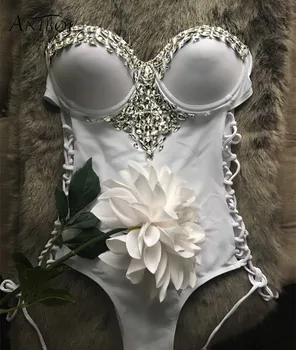 

Anibol 2017 White Sexy Rhinestone One Piece Swimwear Luxury Crystal Women Bathing Suit Push Up Diamond Swimsuit Beach Wear Girls
