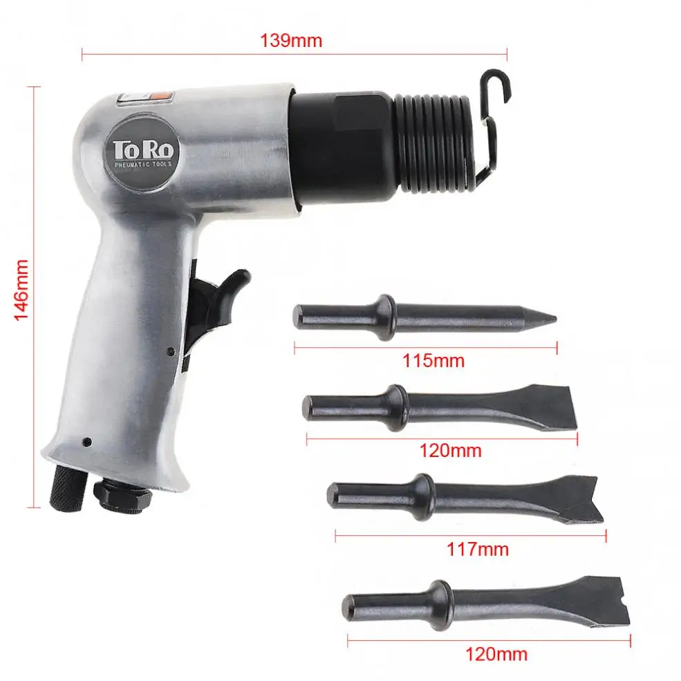 TORO 120mm Professional Handheld Pistol Gas Shovels Air Hammer Small Rust Remover Pneumatic Tools with 4 Chisels set