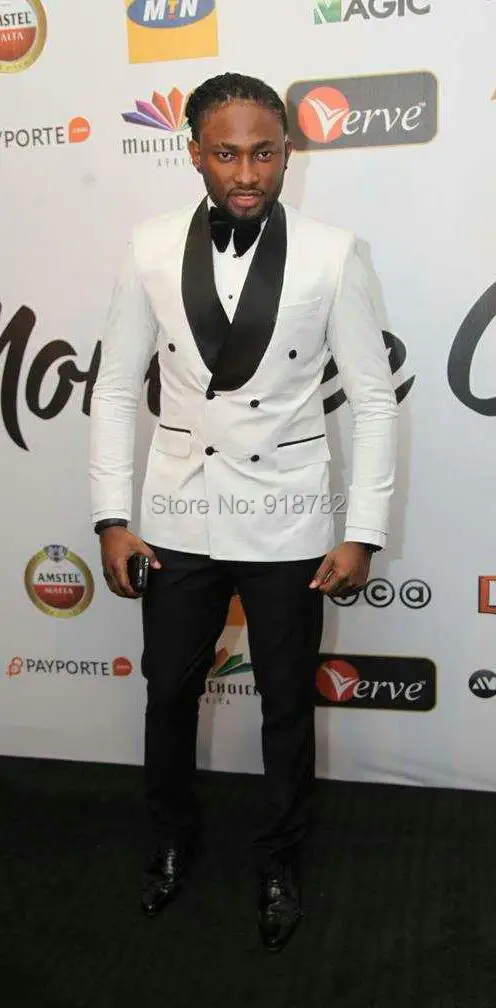 

2016 Slim Fit Mens Suits White Wedding Suits For Men Black Lapel Tuxedos Double Breasted Best Man Groom Suits (Jacket+Pants+Bow)
