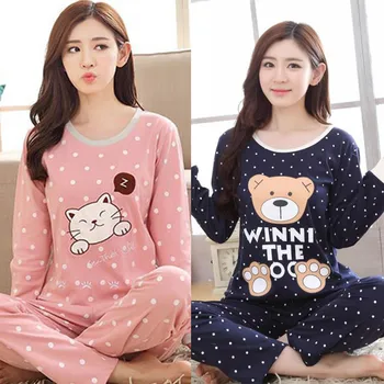 

JINUO Autumn Winter Pajama Sets Women's Cartoon Print Long Sleeves Pajama Sweet Cute Female Loose Sleepwear