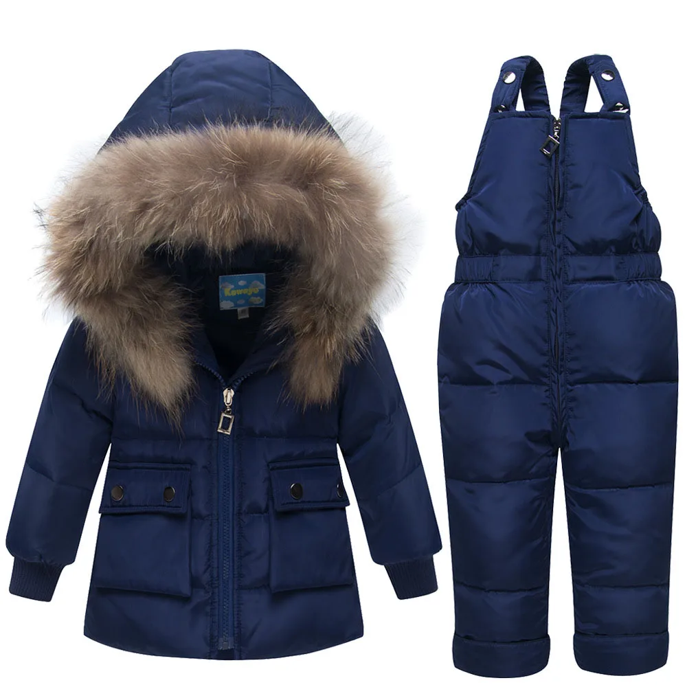 Комплект из 2 предметов, пальто и штаны для мальчиков зимняя одежда года пуховики теплая детская одежда для девочек, комплекты одежды модная шапка из натурального меха - Цвет: Синий