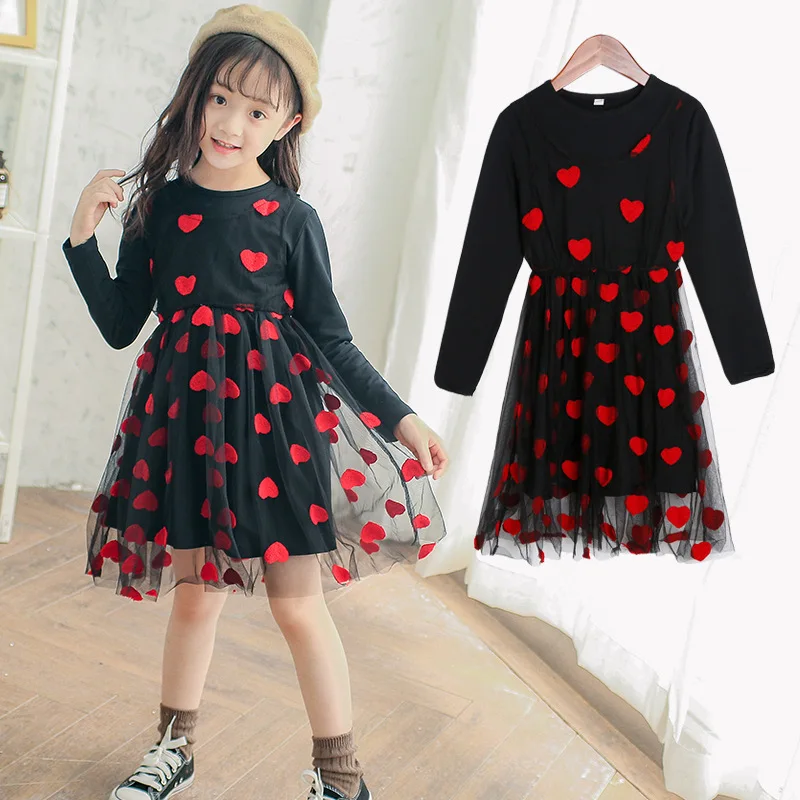 

5 - 16 Y Girls Dress for Autumn 2018 Kids Print Mesh Black Red O-neck Party Dresses Girls Cute Princess Dress Long Sleeve M510A