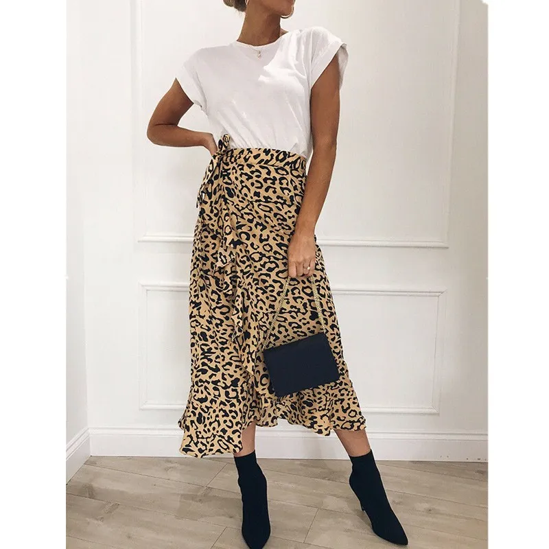 

Summer Woman Sexy High Waist Leopard Skirt Skirt Asymmetrical Ruffled Skirt Tie Straps Split Design Elegant Skirt Sizes S-XL