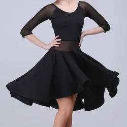 Latin Dance Dress Women Black 3/4 Sleeve Mesh Salsa Rumba Samba Tango Ballroom Dress Suit Stage Costume Perform Dance Dress