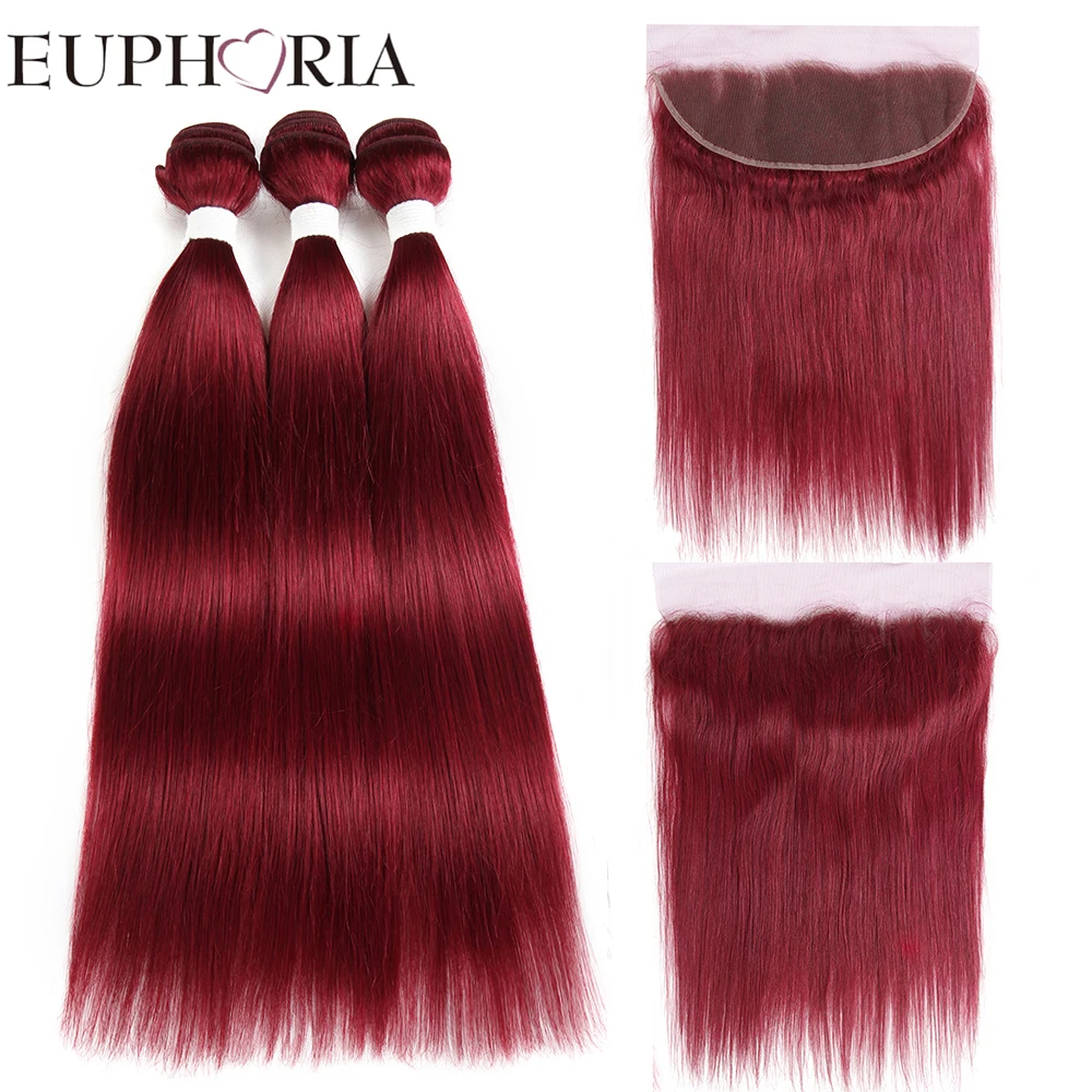 Red Burgundy 99J Colored Hair Bundles With Frontal Brazilian Straight Remy Human Hair 3Bundles With Lace Closure Frontal Euphori