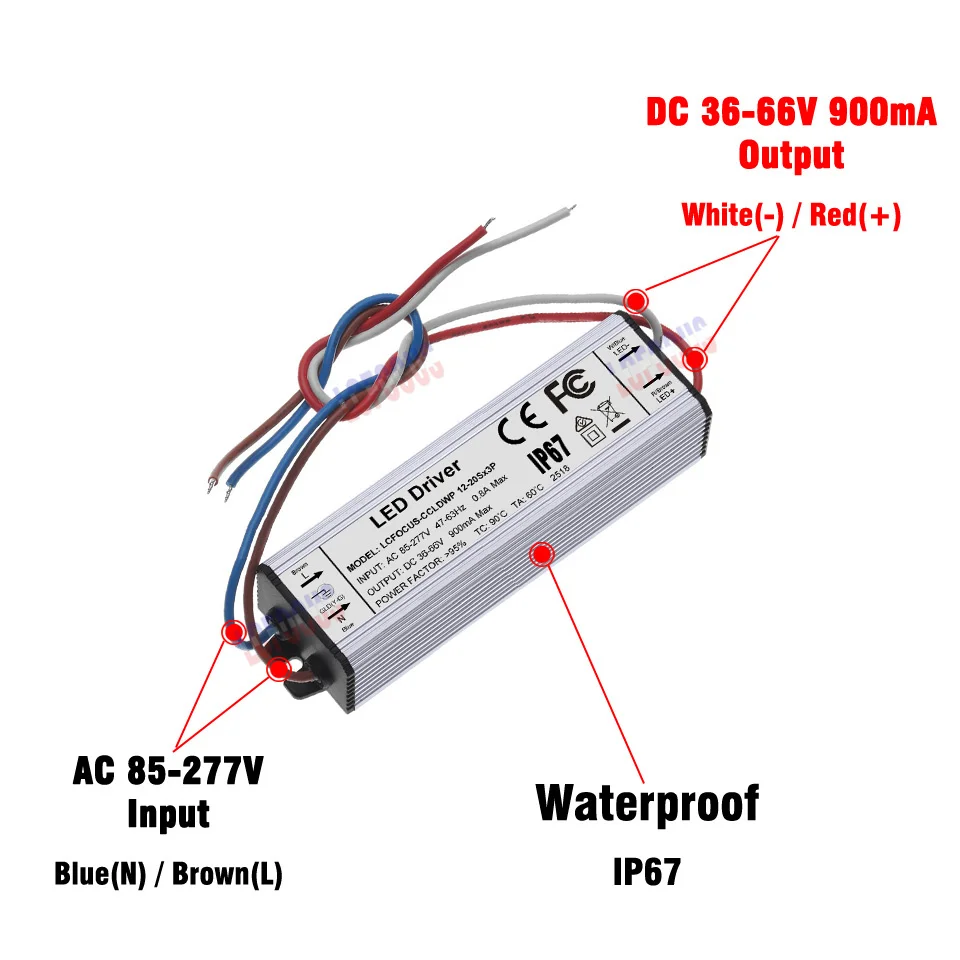 Светодиодный трансформатор 12 20 sx3p водонепроницаемый IP67 900mA 36 66 в для 45 54 60 Вт