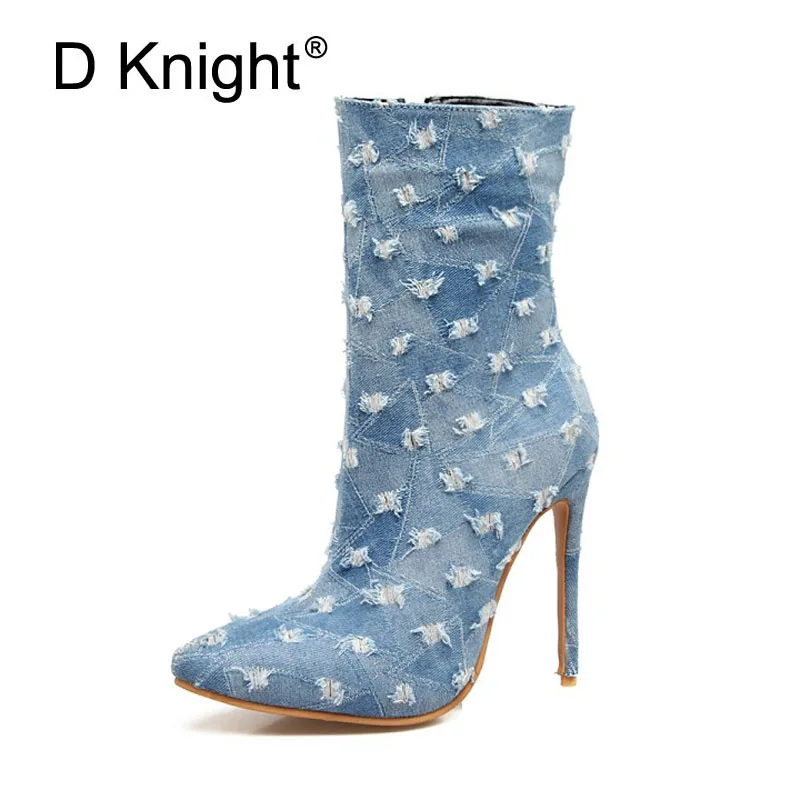 D KNIGHT Demin Blue Women Boots Winter Thin Heel Boots Zip Lady Shoes