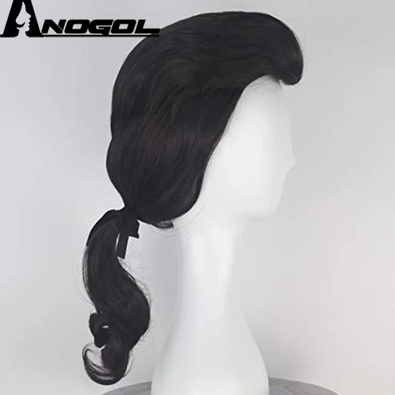 Anogol Beauty and the Beast Prince Gaston Wig Black Short Curly Wig Cosplay Synthetic For Halloween Role Play Party Hair Costume