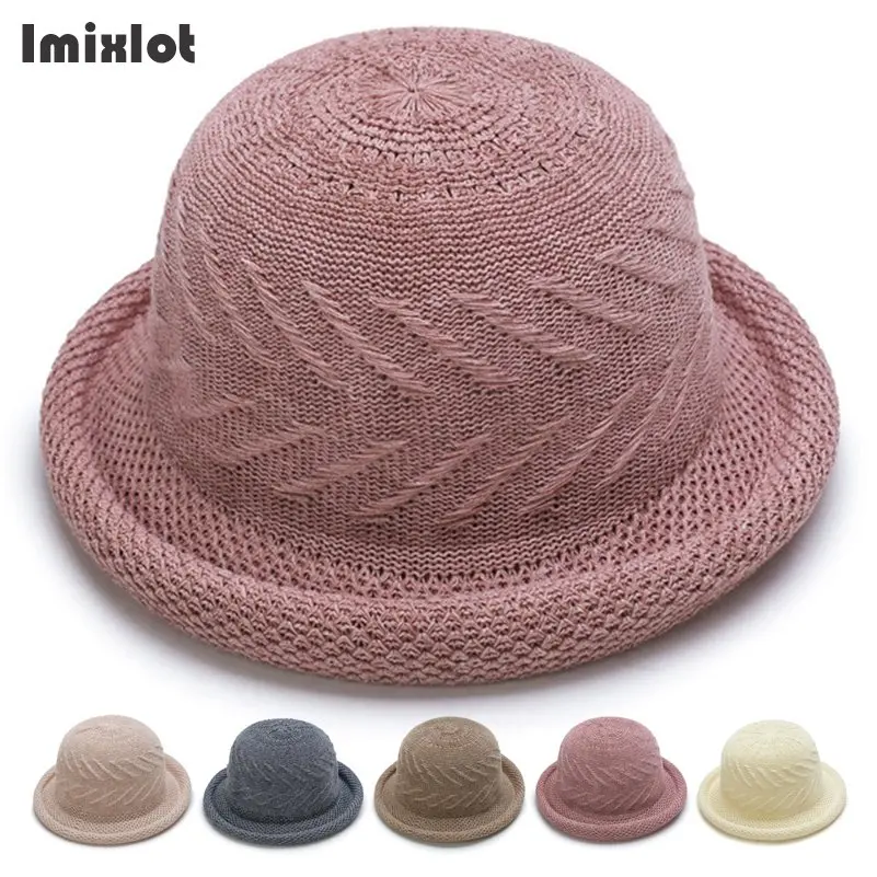 Imixlot модная весенне-летняя Шляпа Fedora винтажная однотонная Дамская трендовая трикотажная шляпа Боулер Дерби широкополые шляпы для женщин девочек