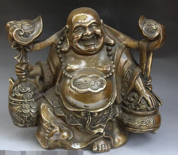 

shitou 002393 17" Chinese Bronze Stand Happy Laugh Maitreya Buddha treasure Bowl Money Statue