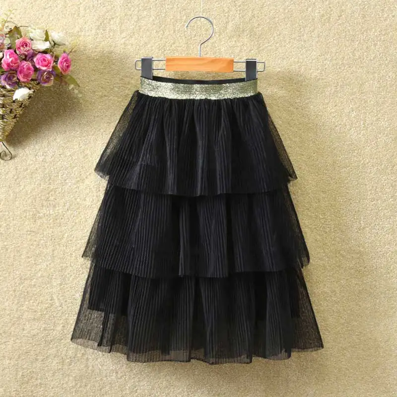 Длинная юбка для девочек для 2-12Years большая детская одежда для девочек юбка 3-Слои торт юбки в складку, подростковые юбки для девочек летние Повседневное - Цвет: SK3333-black