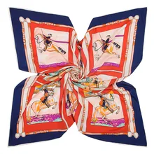 100% Twill Silk 2016 Square Scarf 130*130CM Big Size Geometric Grid Belt with Horse People Design Shawls Wrap Female Scarf