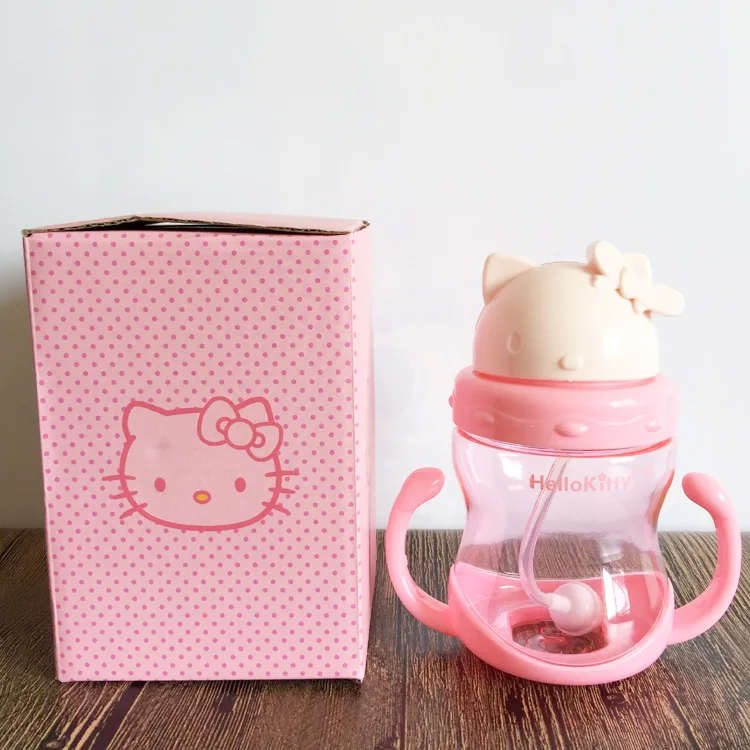 

Cat pink straw cup girl's double ear children's water cup gravity ball belt handle baby cup gift box
