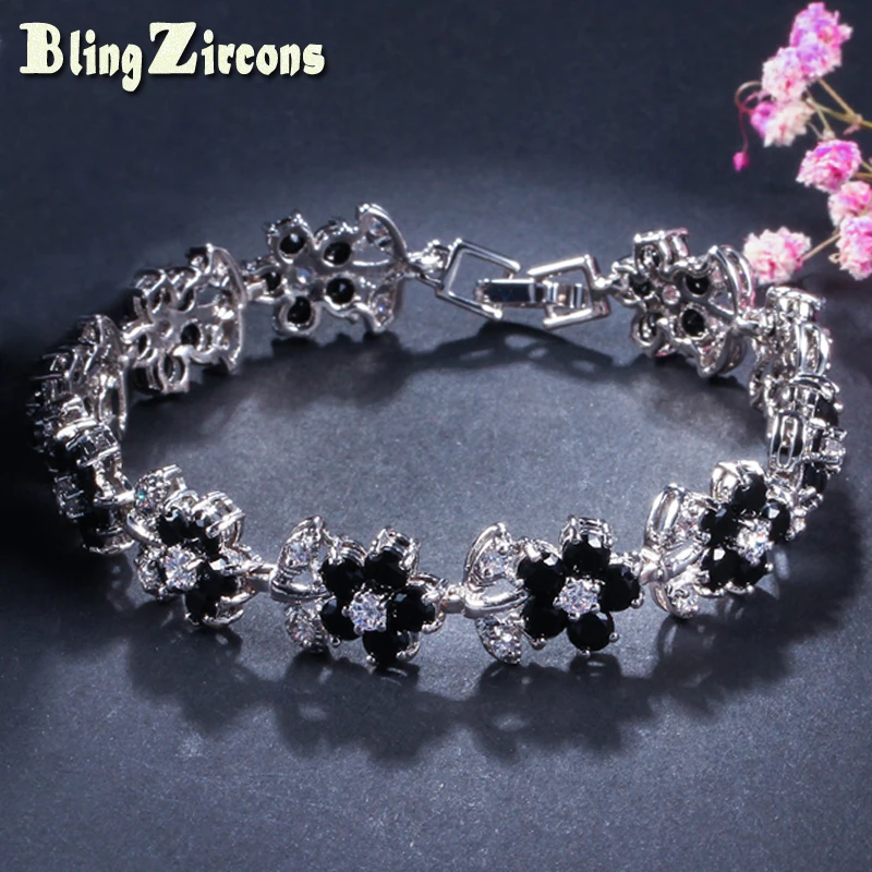 

BeaQueen Turkish Black Cubic Zirconia Stones Leaf Flower Charm Bracelets Sterling Silver 925 Party Jewelry for Women B156