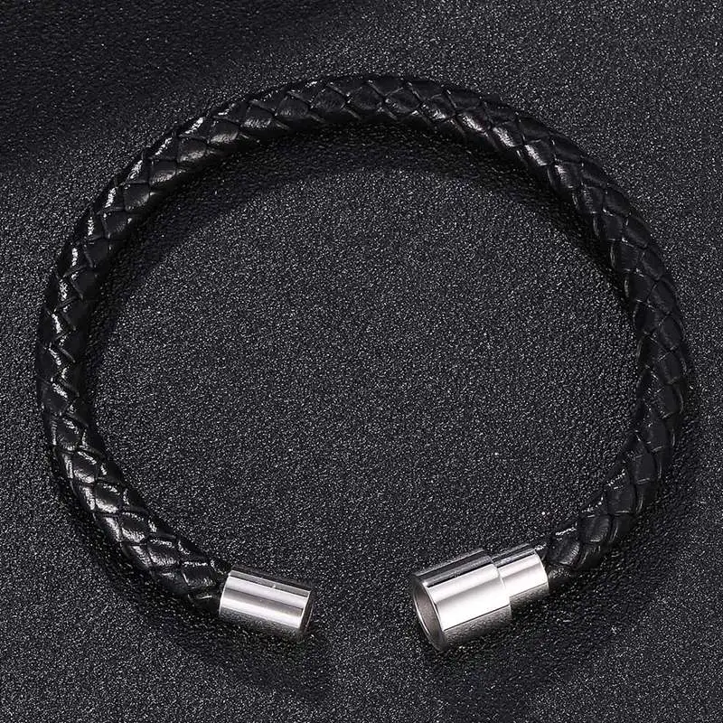 Панк мужской черный плетеный кожаный браслет из нержавеющей стали с магнитной пряжкой простой стиль модный браслет мужские ювелирные изделия подарки PD0038