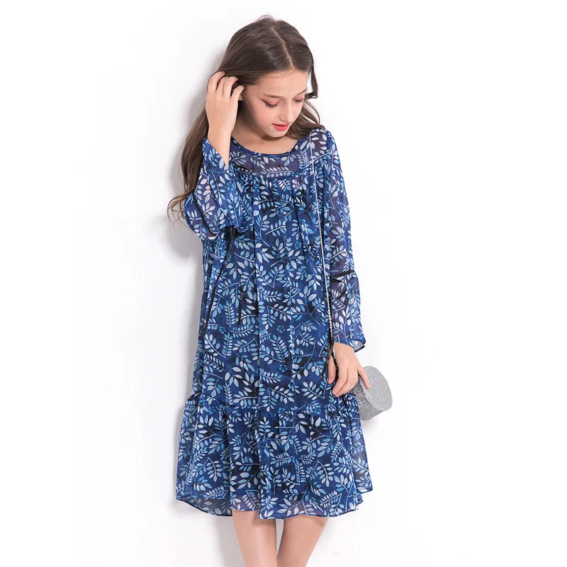 

New Big Teenager Girls Long Sleeve Floral Print Chiffon Dress Summer 2018 New Loose Fit Straight Dress Mid Calf Length