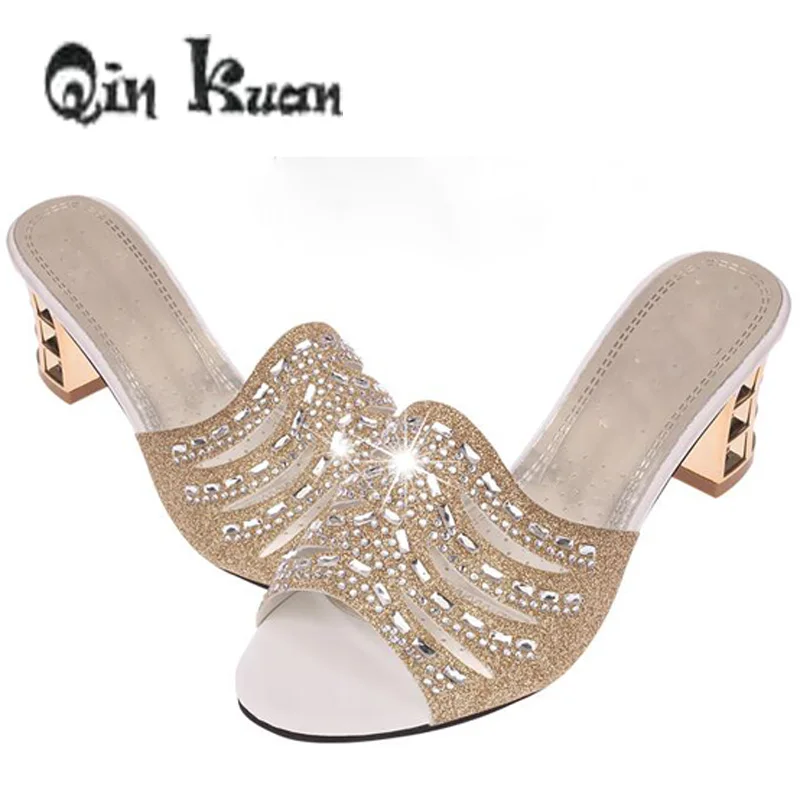 

XingDeng Girl Gladiator Opened Toe Summer Sandal Rhinestone Square Heel Sandals Women Hight Heel Sandals Plus Size 35-41