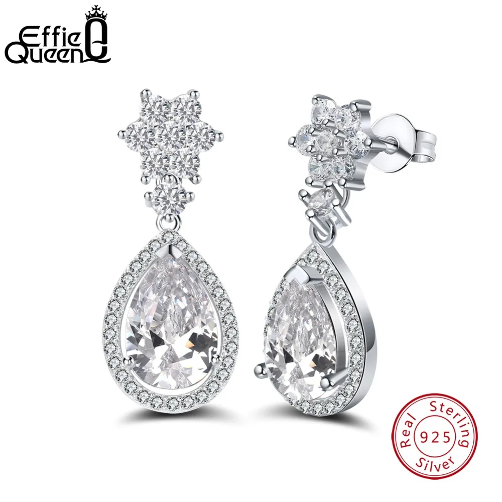 

Effie Queen 100% 925 Sterling Silver Drop Earrings for Women Big CZ Crystal Woman Dangle Earring Elegant Jewelry BE40
