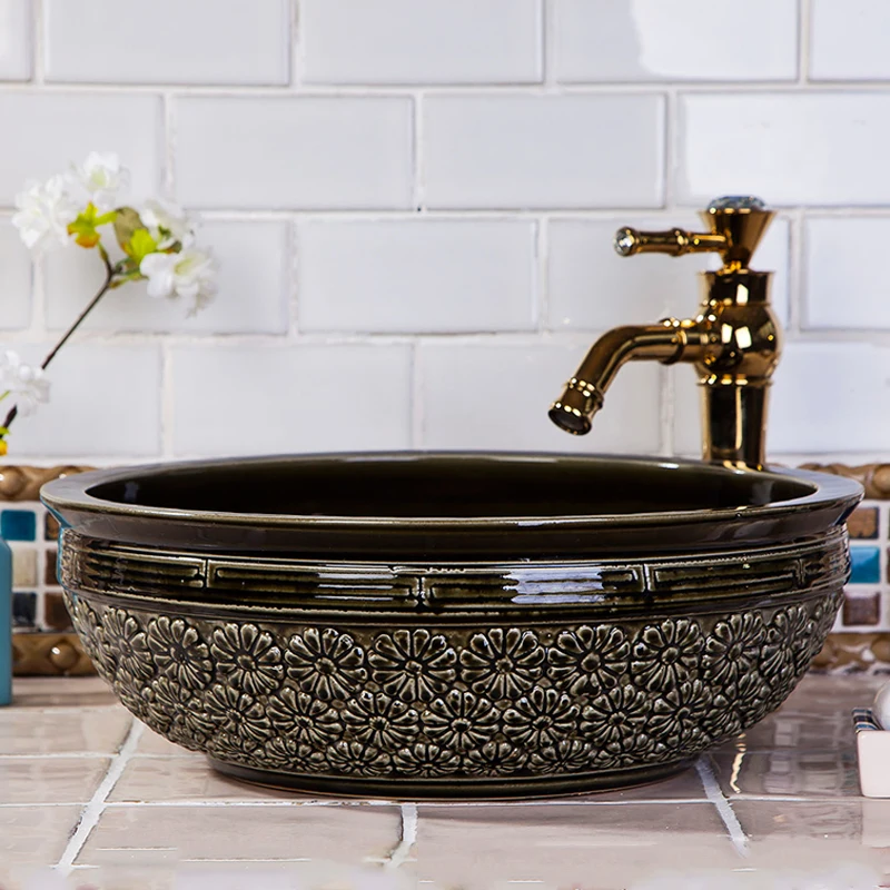 Bathroom ceramic sinks Countertop black antique Ceramic bathroom sink wash basin (11)