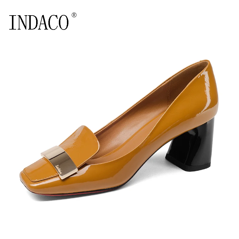 

2019 NEW Women Fashion Leather Pumps Black Yellow Square Toe Patent Leather Cowhide Red Bottom High Heels 6.5cm