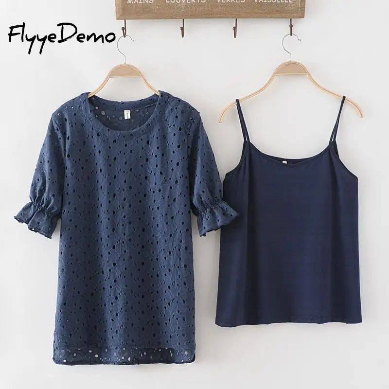 

2 Pieces Shirt 2019 Fashion Lace Hollow Out Female T-shirt Summer Loose All-match Bottoming Shirt Casual Ladies Tops Tees Cotton