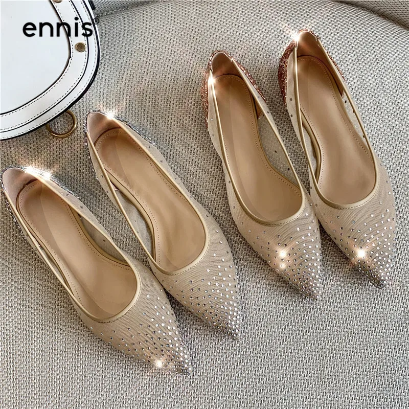 

ENNIS 2019 Fashion Mesh Women Shoes Rhinestone Flats Pointed Toe Gold Silver Bling Flat Loafers Ladies Casual Shoes Summer C9100