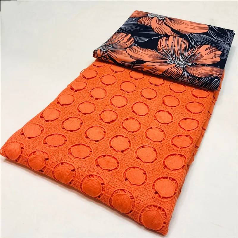 

African fabric orange wax lace fabric set 3yards african wax print fabric + 2.5yards guipure lace for women party dress