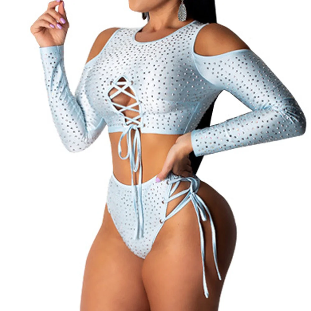 

Summer Long Sleeve Shiny Rhinestone Hollow Out Bodysuits Sexy Lace Up Two Pieces Set Women Rompers Short Club Party Playsuits