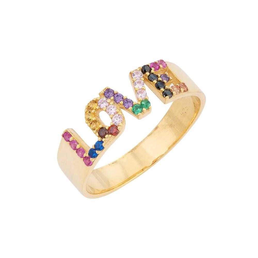 

2019 latest new design girlfriend gift Alphabet love letter paved rainbow cubic zirconia gold color band ring