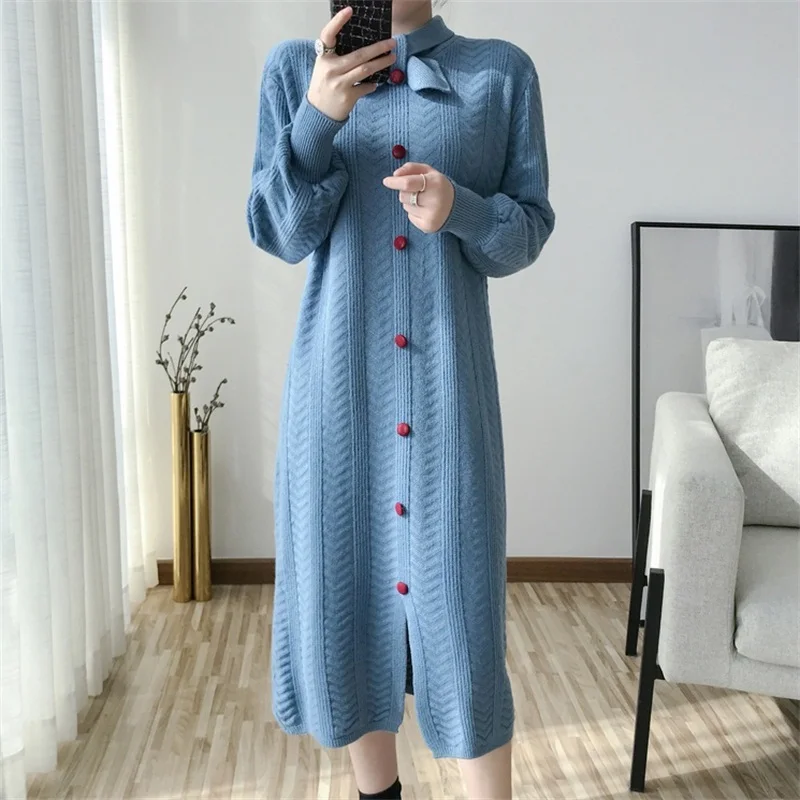 

DM Store 2019 New Korean Sweater Women Dress Spring And Autumn Straight Turn-down Collar Female Mid-Calf Knitting Dresses