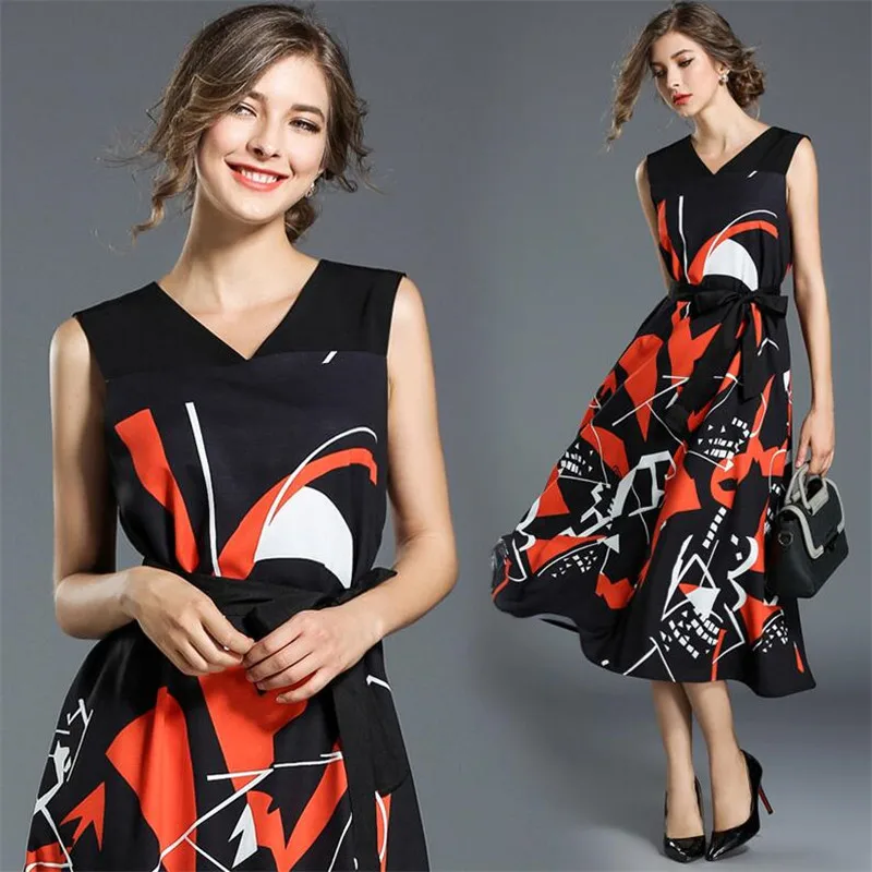 Plus Size M 2XL Casual vintage dresses autumn women v neck print a line