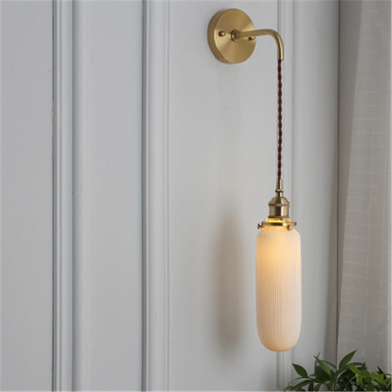 Ретро прозрачный керамический светильник для ванной комнаты белый фарфор светодиодный настенный светильник скандинавский упрощенный латунный прикроватный светильник для спальни