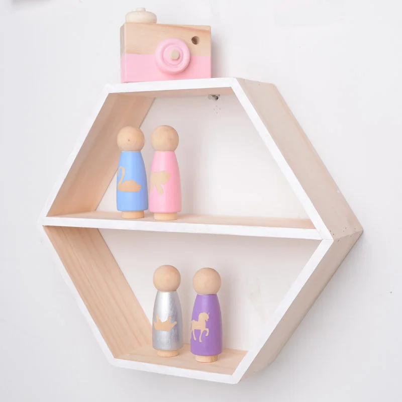 Hexagonal Wooden Wall Shelf Hollow Storage Box Decoration For Kids