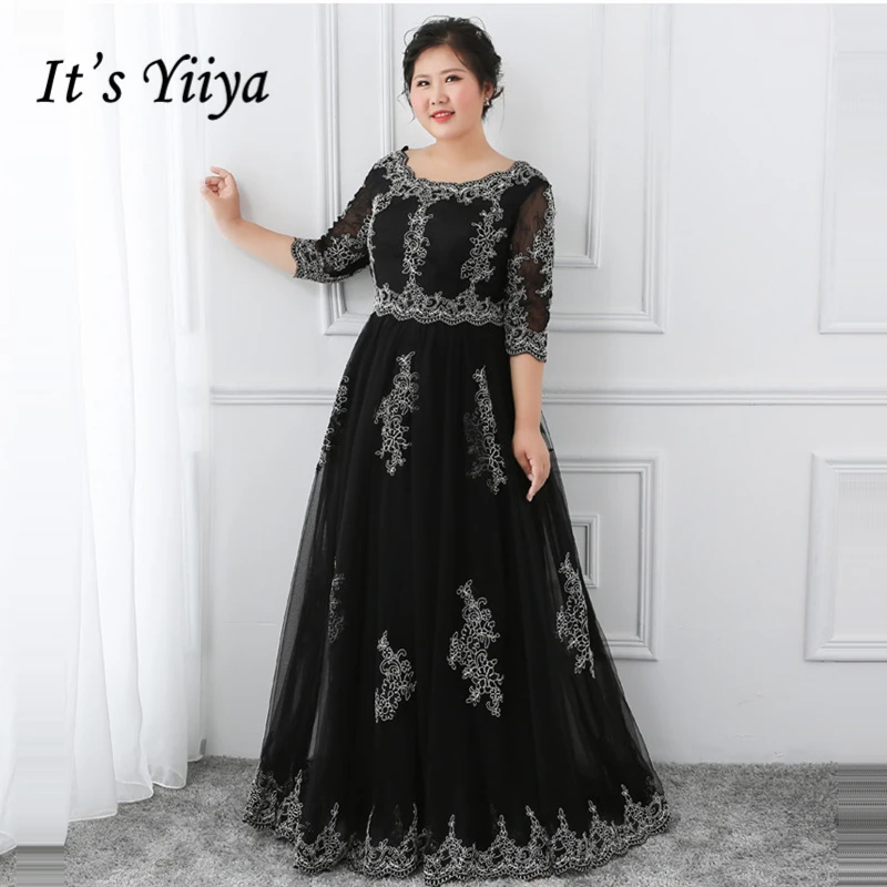 

It's YiiYa Evening Dress 2018 Black O-Neck Lace Floor Length Plus Size Fashion Designer A-Line Girls Party Dress DM053