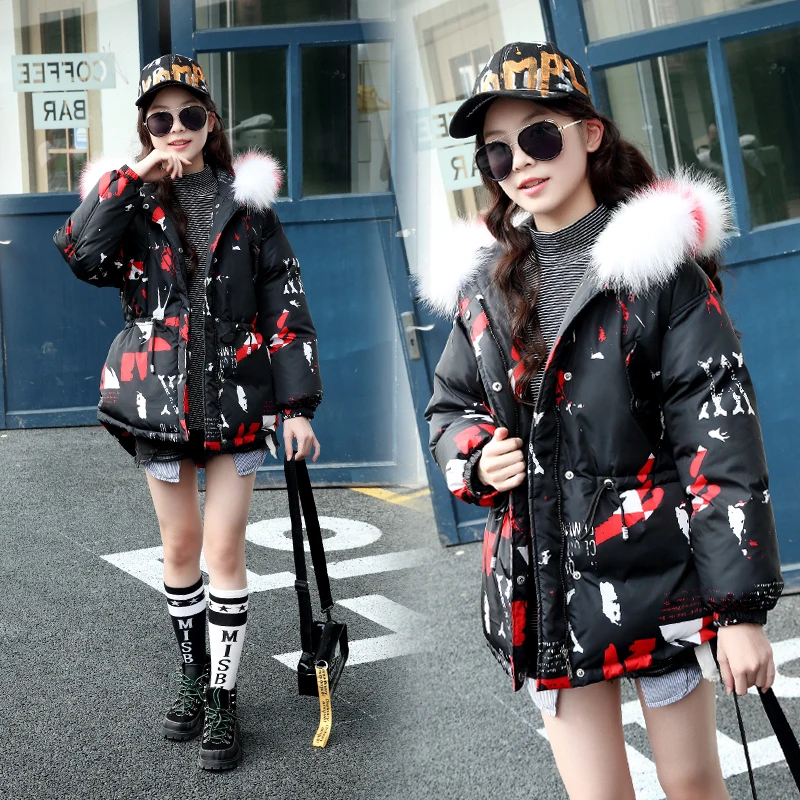 

Hot 2019 girls Winter New Cotton Jackets Girls Fashion Fur Collar Letters Coats Girl Thickening Hooded Warm Jacket kids clothes