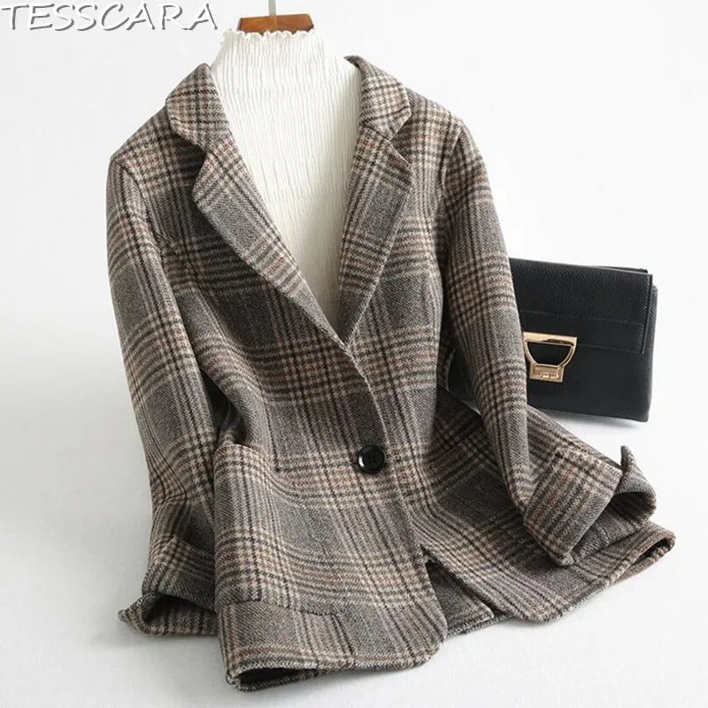 TESSCARA Women Autumn Plaid Wool Blend Overcoat Female Office Basic ...